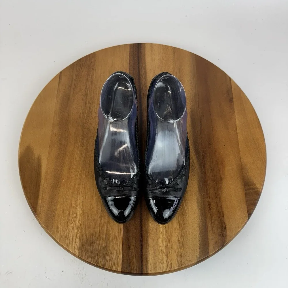 Womens Chanel‎ Black Leather Cap Toe Scalloped Ballet Flat Heels Size EU 37.5
